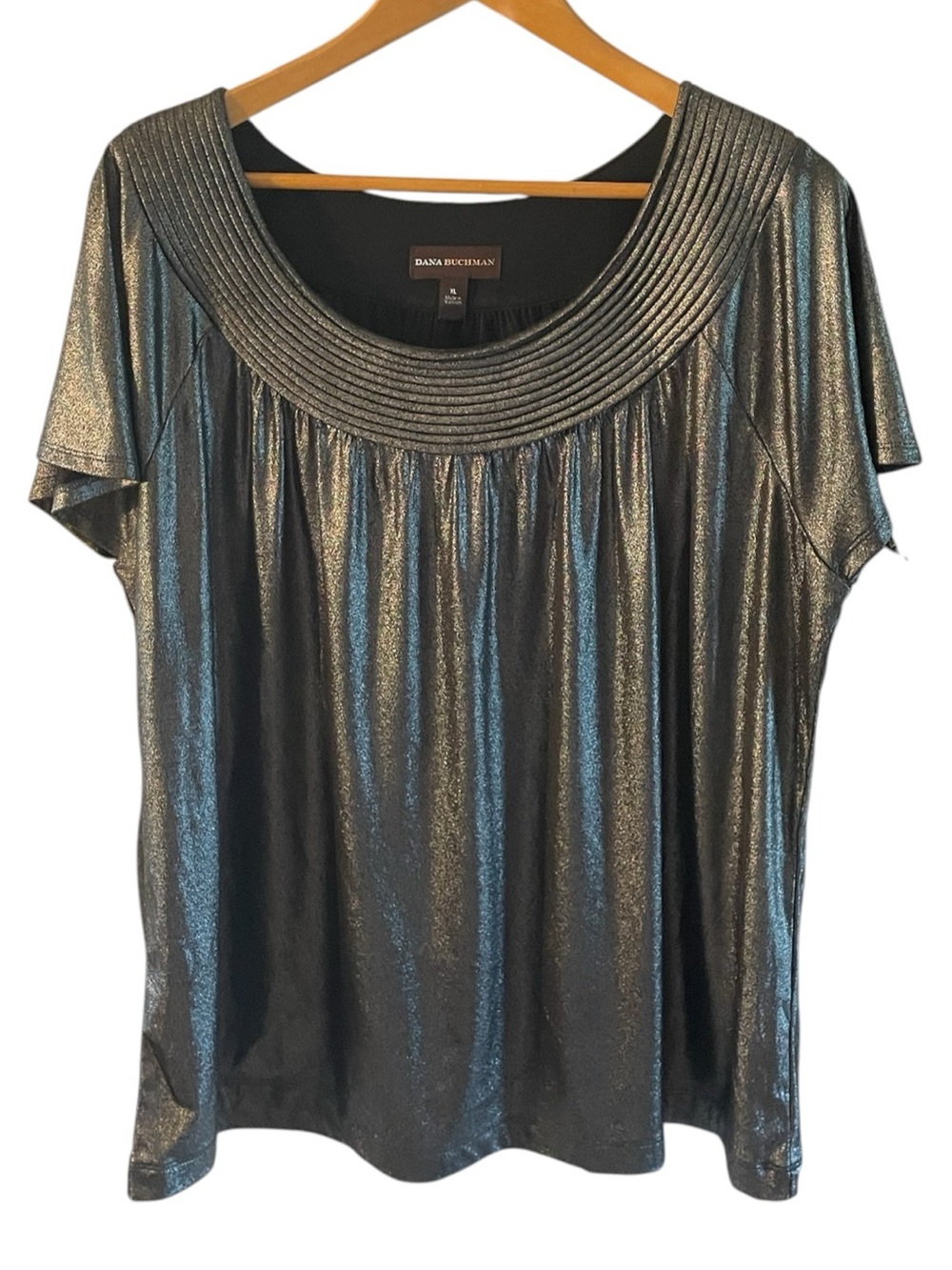 G6- XL Dana Buchman Metallic Short Sleeve Scoop Neck Top - Silver